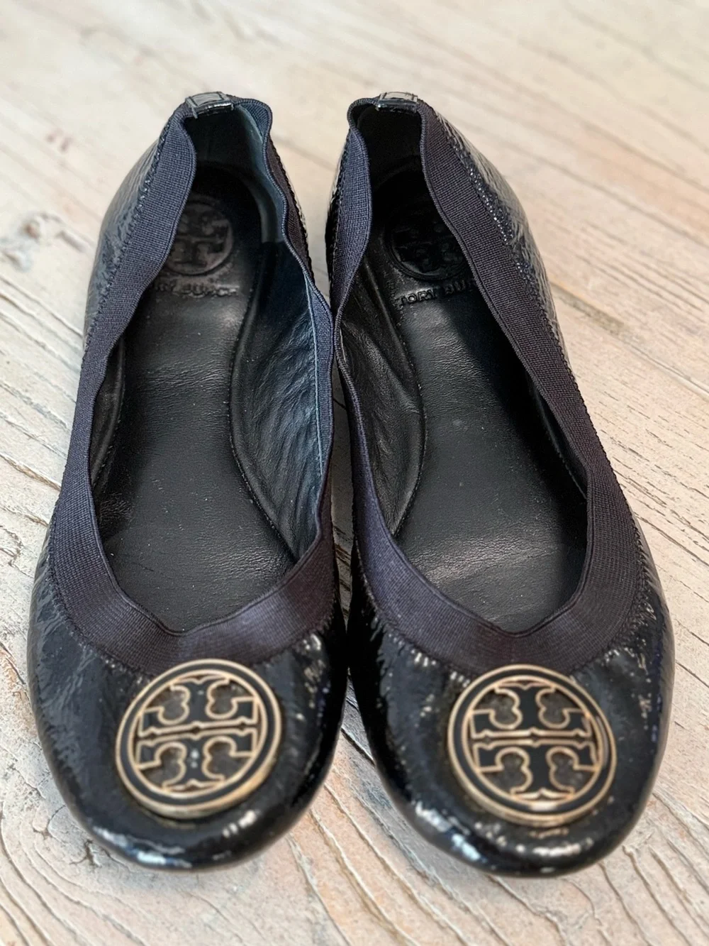 Tory Burch Black Patent Leather Logo Ballet Flats Size 7M